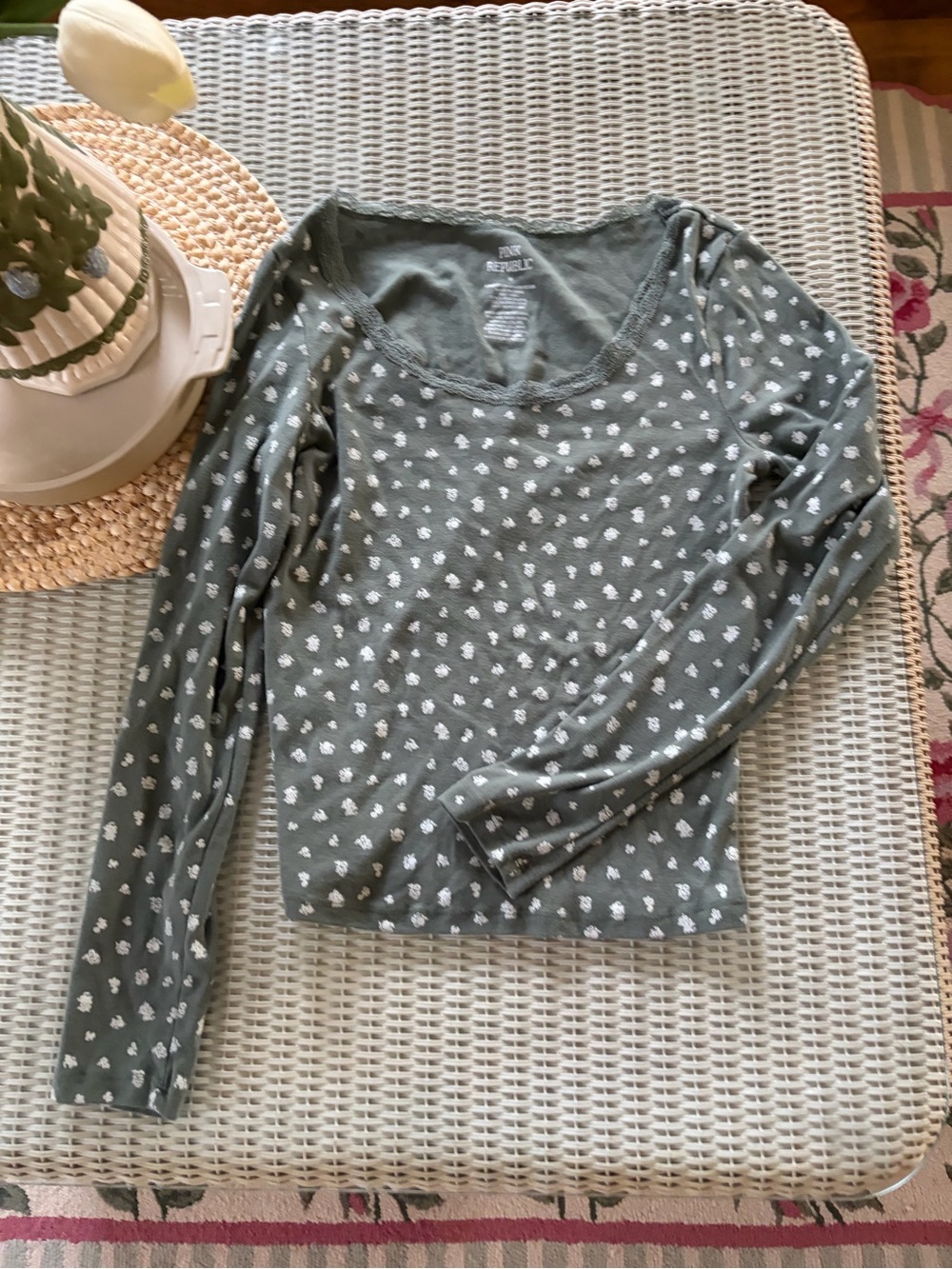 Pink Republic Olive Green Long Sleeve Scoop Neck Tee with White Heart Print